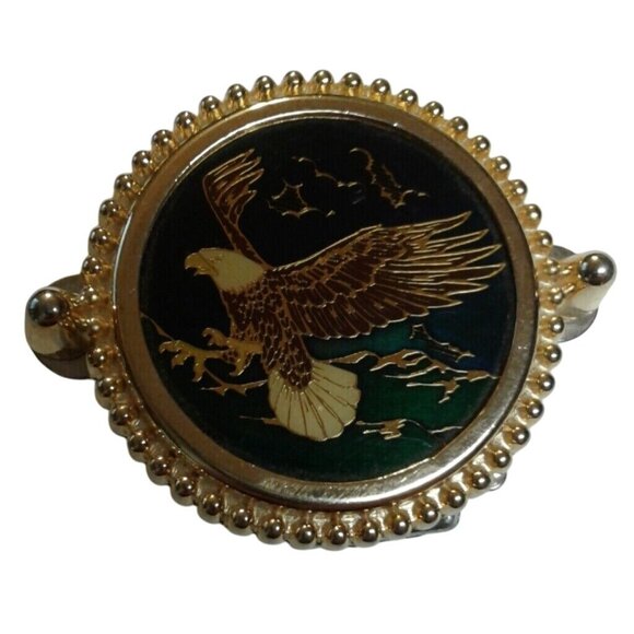 Belt Buckle Bald Eagle in Flight Bezel Gold Green Enamel - Picture 2 of 8